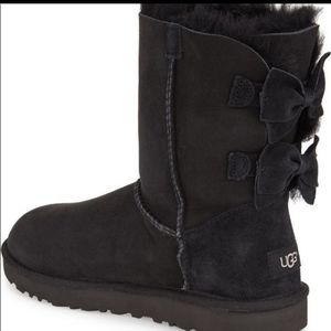 Ugg Meilani Suede Double Bow Sheepskin Sherpa Black Boots S/N 1012981 #369